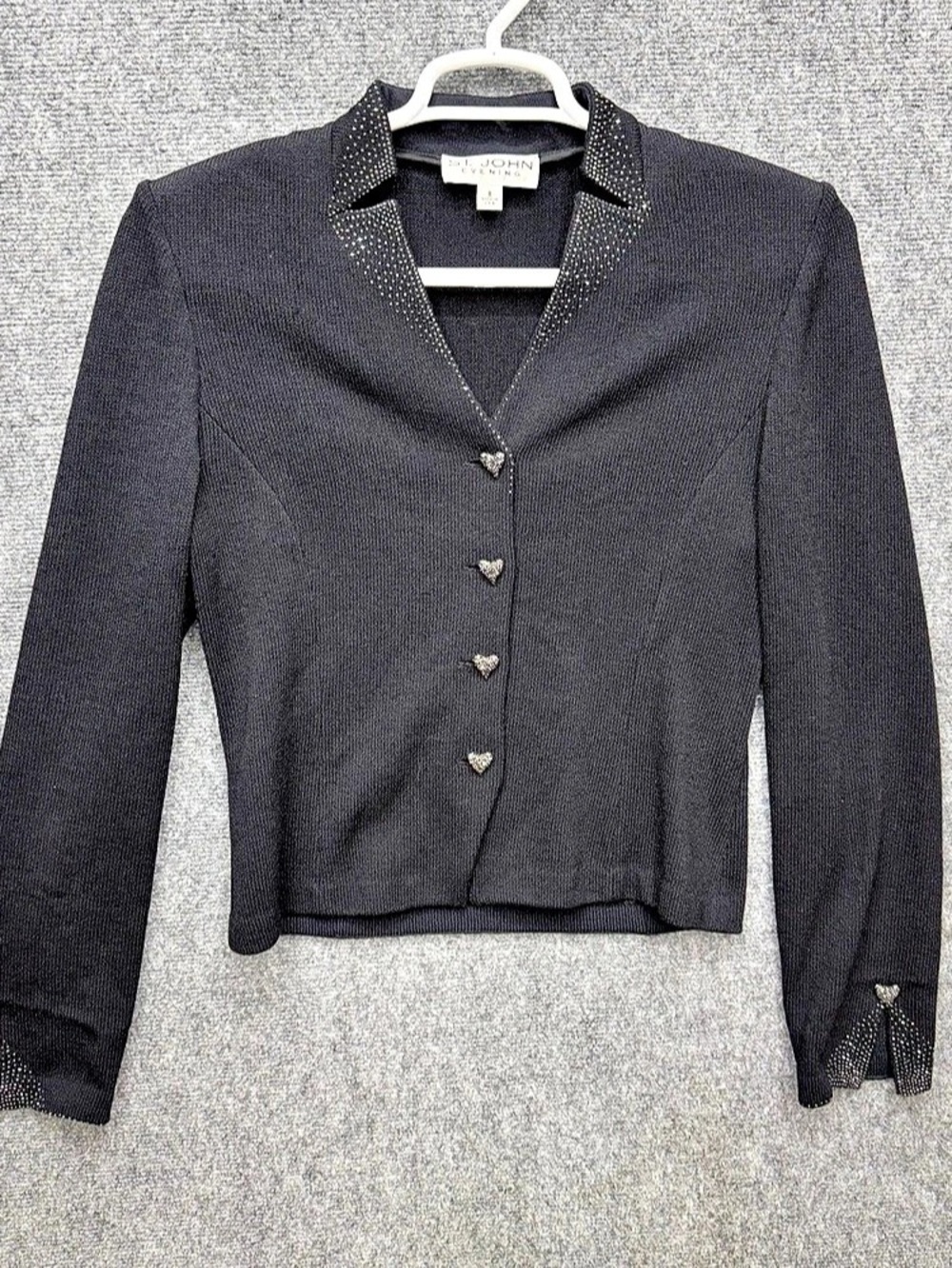 St John Evening Santana Knit Jacket Black Pave Crystal Heart Button Sz 8 USA